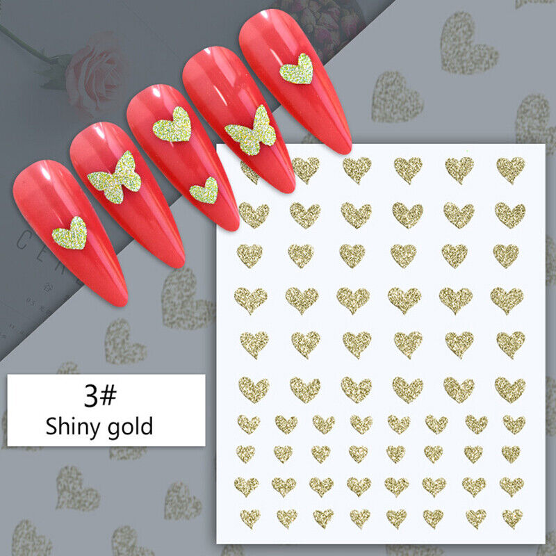 Gold Glitter Love Heart Nail Stickers